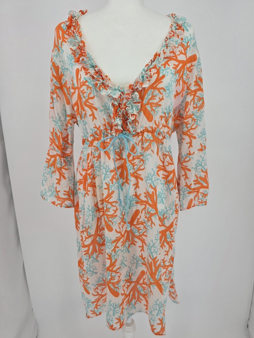 Mud‎ Pie Bag Lady 100% Linen Coral Reef Print Cover Up Dress Large Beach Coastal